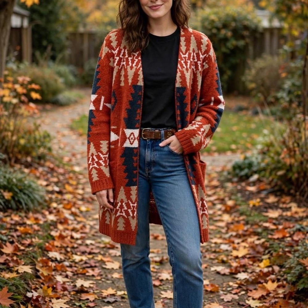 Bobeau Aztec Tribal Long Cardigan Kimono M - Rust Orange Blue Beige - Cozy Boucl